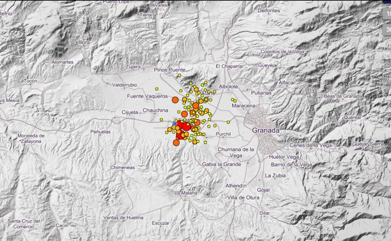 Mapa de los terremotos registrados en Granada. 
