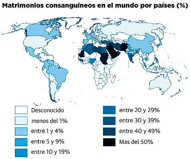 Mapa de matrimonios consanguíneos en el mundo.