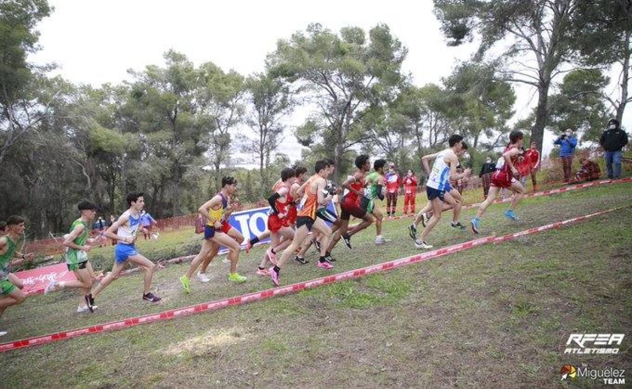Manuel Jiménez, de verde y a la cola a la izquierda, en plena carrera. 