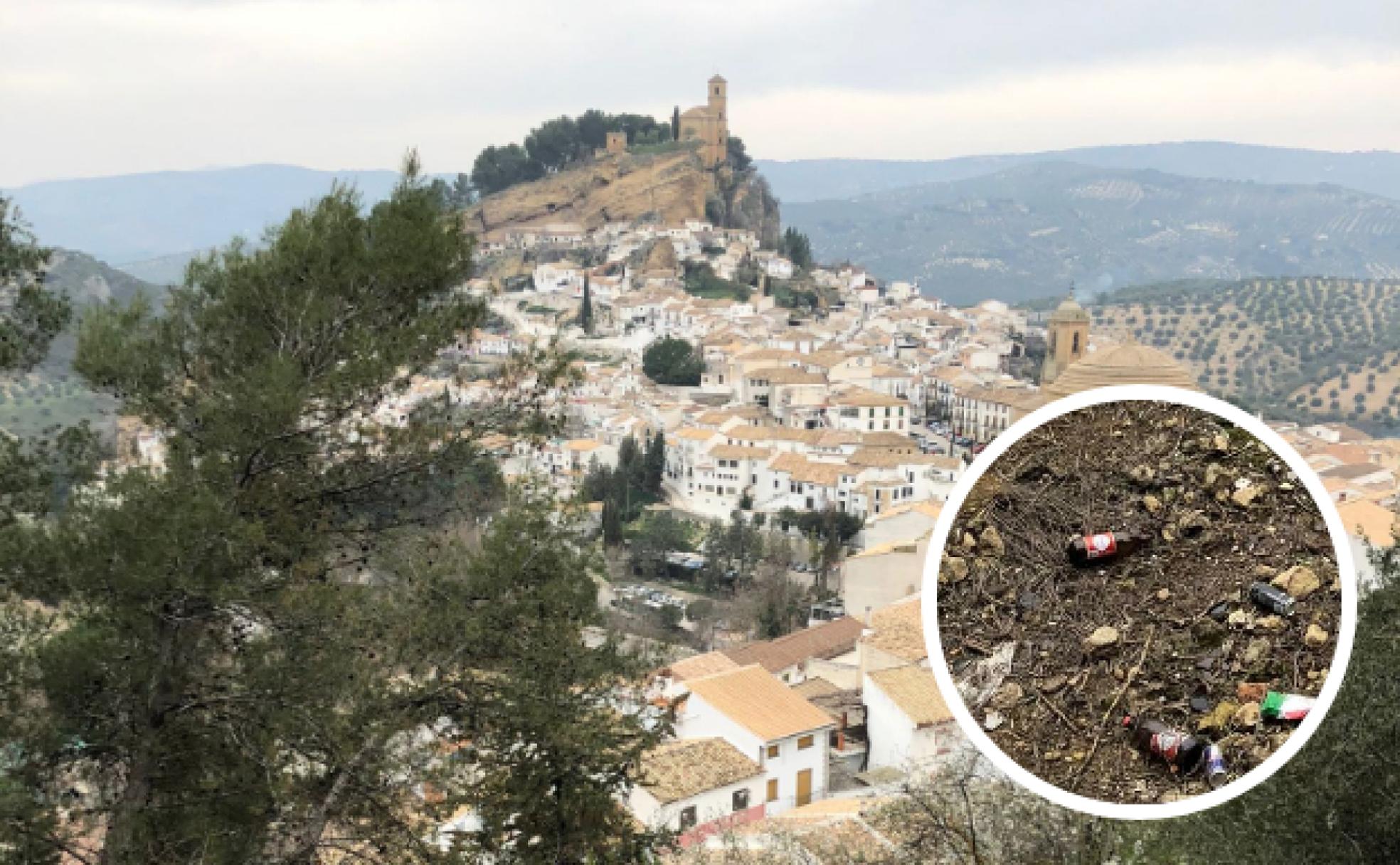Vistas de Montefrío y detalle del suelo, con litronas y tercios de cerveza. 