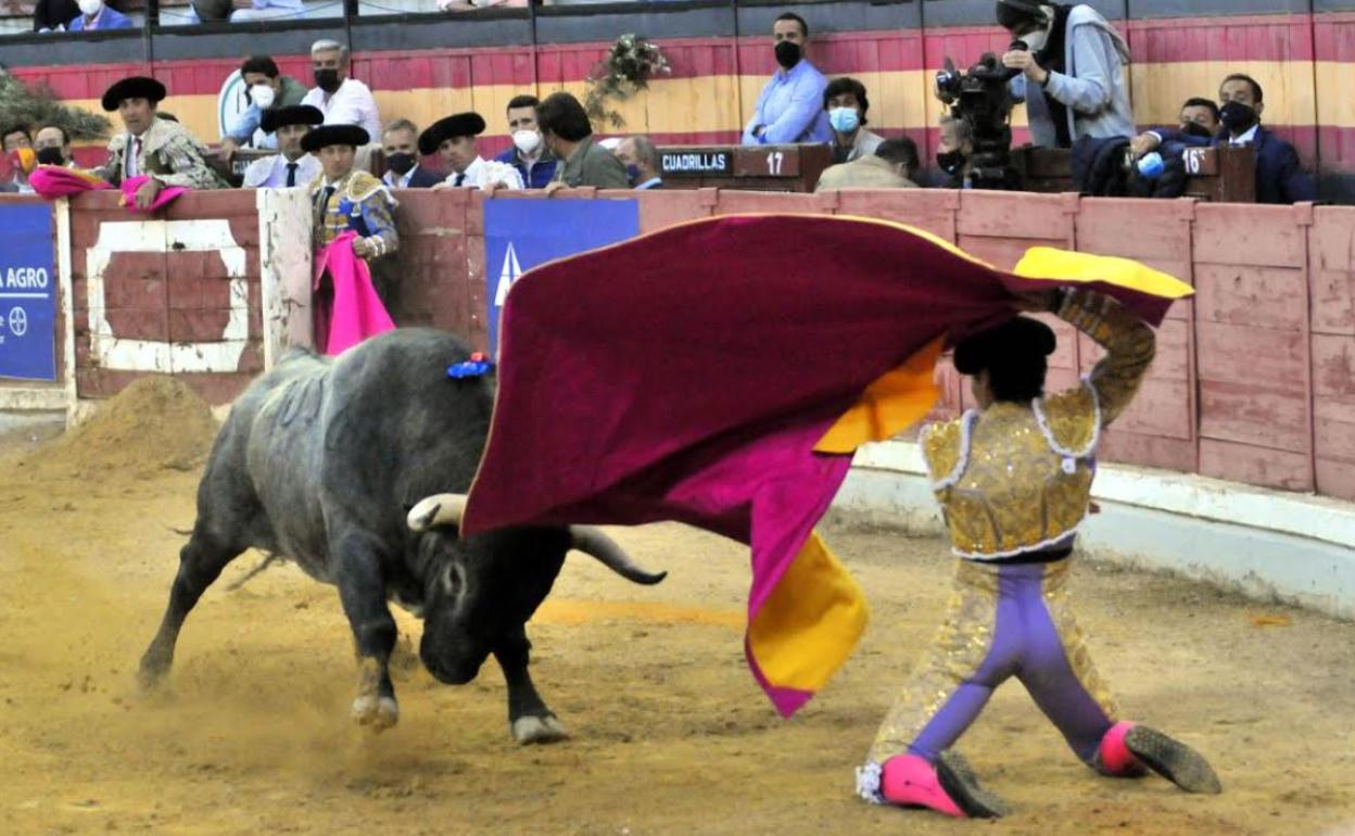 Alberto Lamelas da una larga cambiada a uno de los toros de Victorino Martín que lidió ayer en la plaza de toros de Jaén. 
