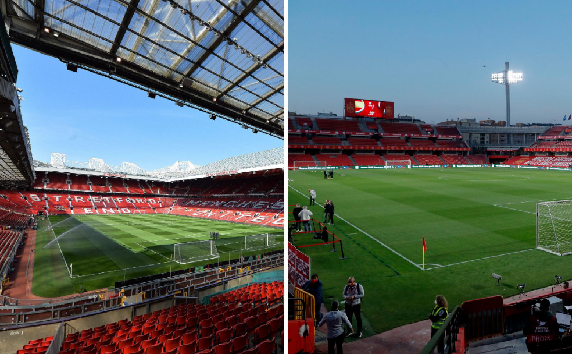 El 'teatro de los sueños', a la izquierda, cuenta con una capacidad para 74.879 aficionados, mientras que Los Cármenes puede acoger a 19.336 seguidores. 