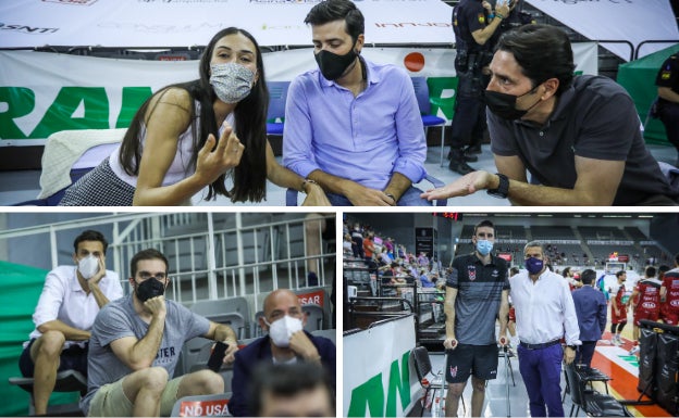 Arriba: Belén Arrojo y su pareja junto a Ignacio Cuerva. Abajo: a la izquierda, Carlinhos de Cobos e Iván Martínez, exjugadores; a la derecha, Joan Pardina, con muletas. 
