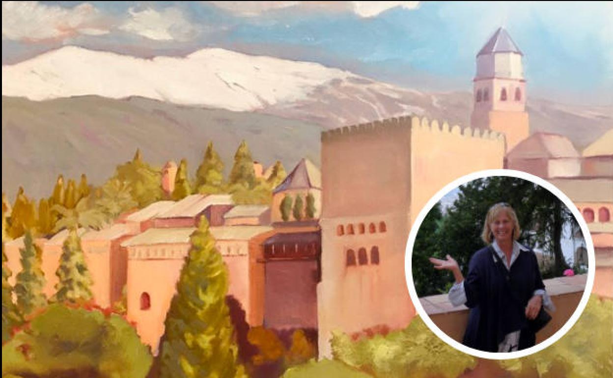 En la imagen principal, el cuadro que pintó de la Alhambra. En la foto pequeña, Donna durante su segundo viaje a Granada.