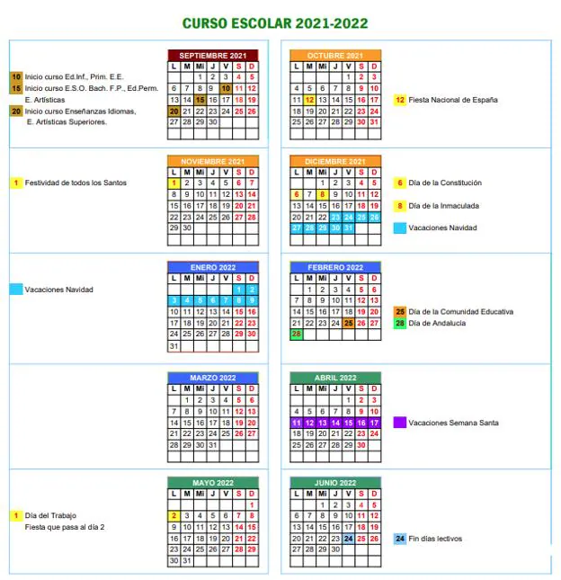 Calendario escolar 2021-22 de Sevilla.