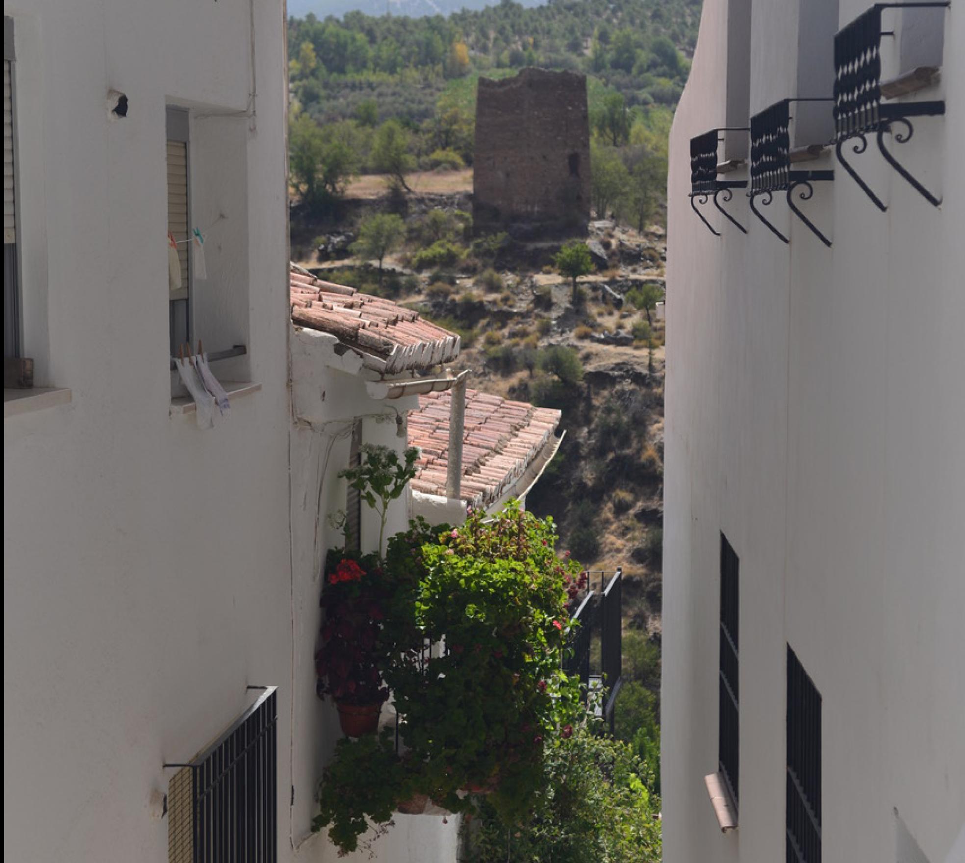 Calle de Jérez con la torre del castillo al fondo. 
