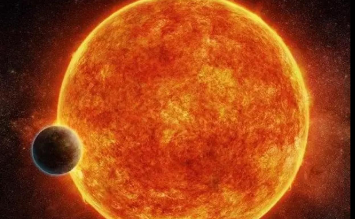 Concepción artística de una supertierra orbitando una estrella enana roja. 