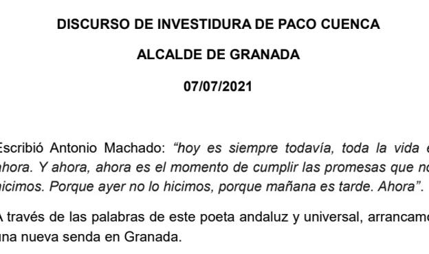 Consulta el discurso íntegro del nuevo alcalde de Granada