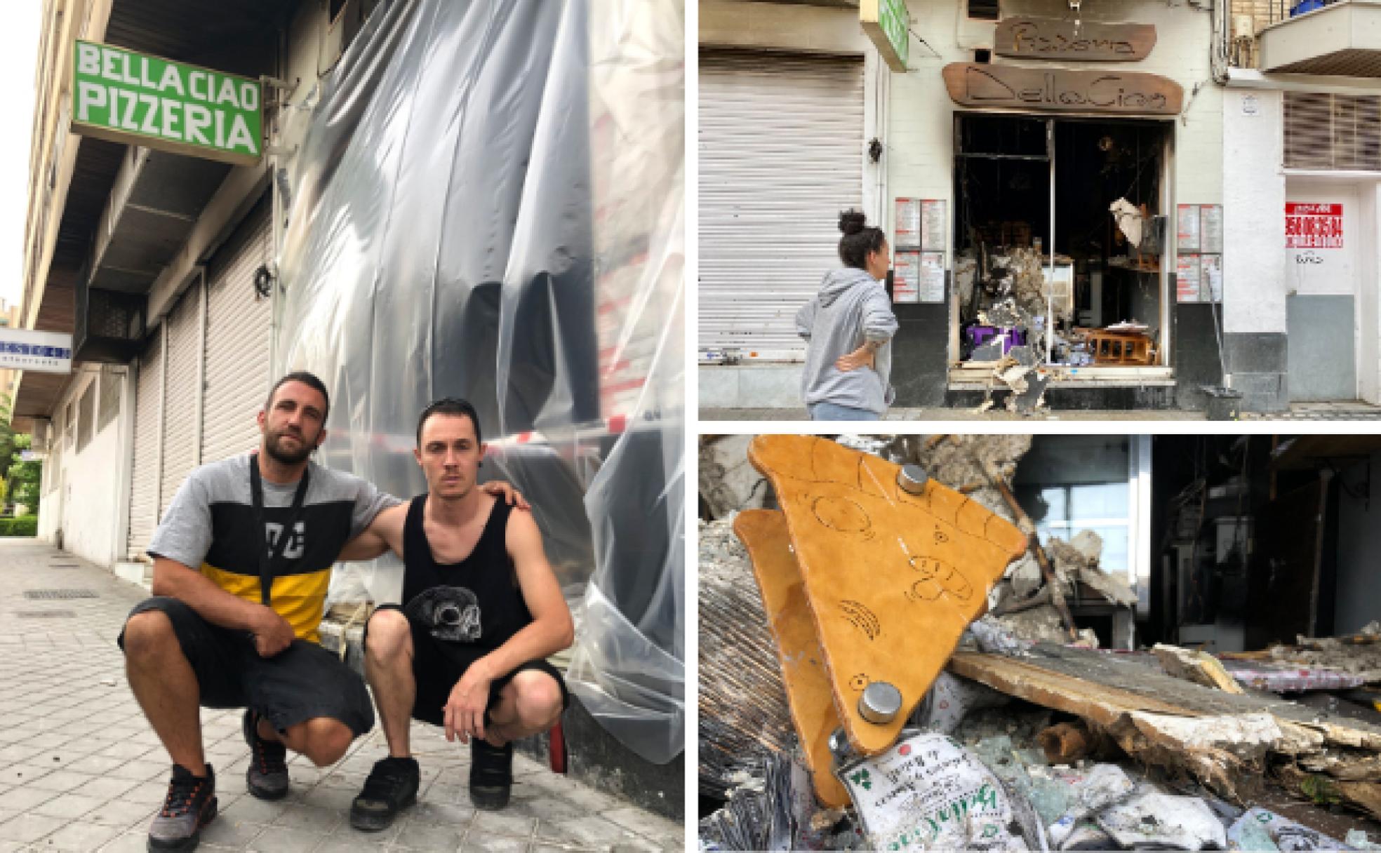 David Messi y David Paris, este domingo en la pizzería. E imágenes de cómo quedó la Bella Ciao tras la explosión. 