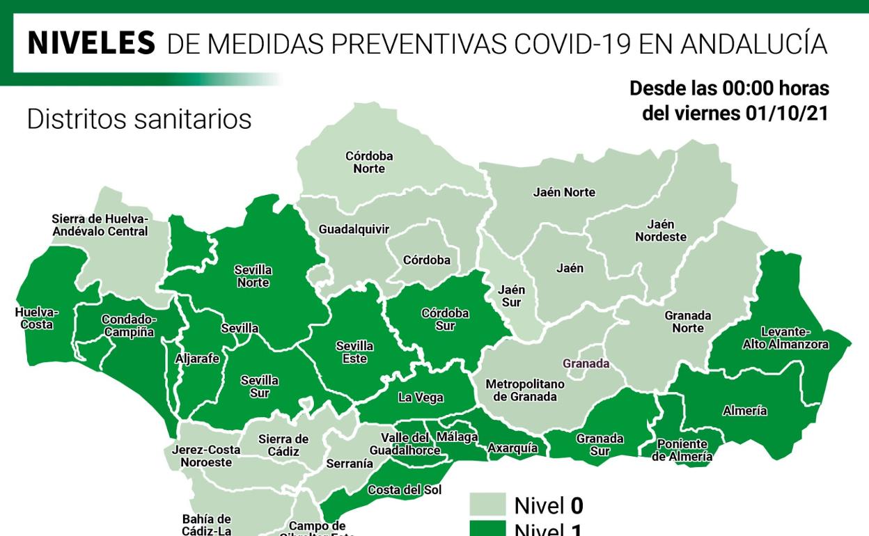 Mapa con los niveles de alerta por distritos sanitarios en la comunidad autónoma.