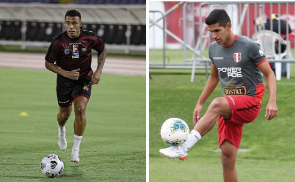 Darwin Machís y Luis Abram tocan balón en un entrenamiento. 