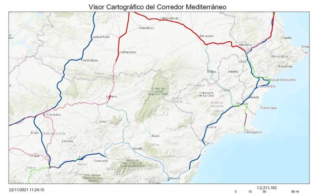 El visor cartográfico elaborado por la Oficina del Comisionado del Gobierno para el Corredor Mediterráneo refleja a la línea como de vía única. Sin embargo, el estándar del Corredor es la vía doble. 