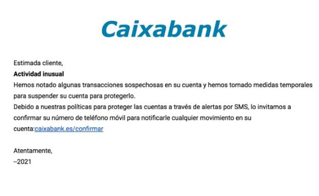 El mensaje fraudulento que suplanta a CaixaBank