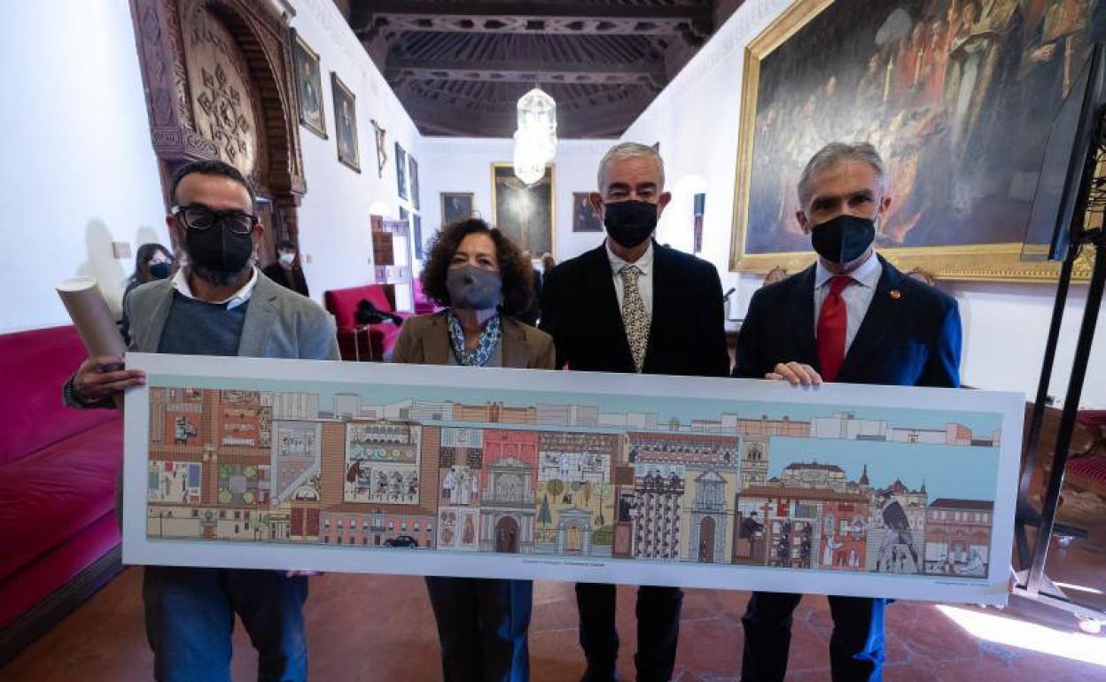 Las autoridades universitarias y el artista (izquierda) sostienen la ilustración sobre la historia de la UGR. 