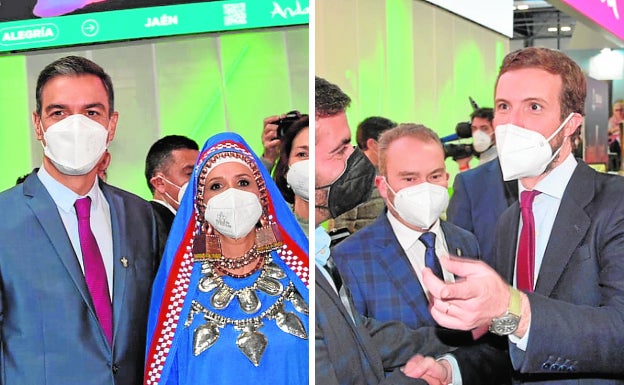 Pedro Sánchez junto a la Dama de Baza, y Pablo Casado, ayer en el stadn de Fitur de Granada.