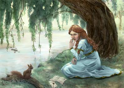 Imagen secundaria 1 - Salvador trabajando en su estudio y dos de sus ilustraciones: 'El sauce llorón' y 'Guardián del tesoro'.