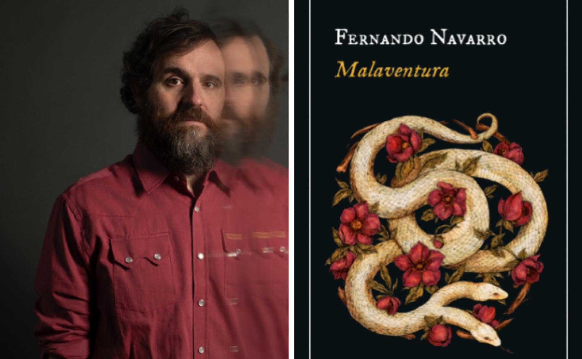 El guionista y escritor Fernando Navarro, con la portada de su primera novela, 'Malaventura'. 