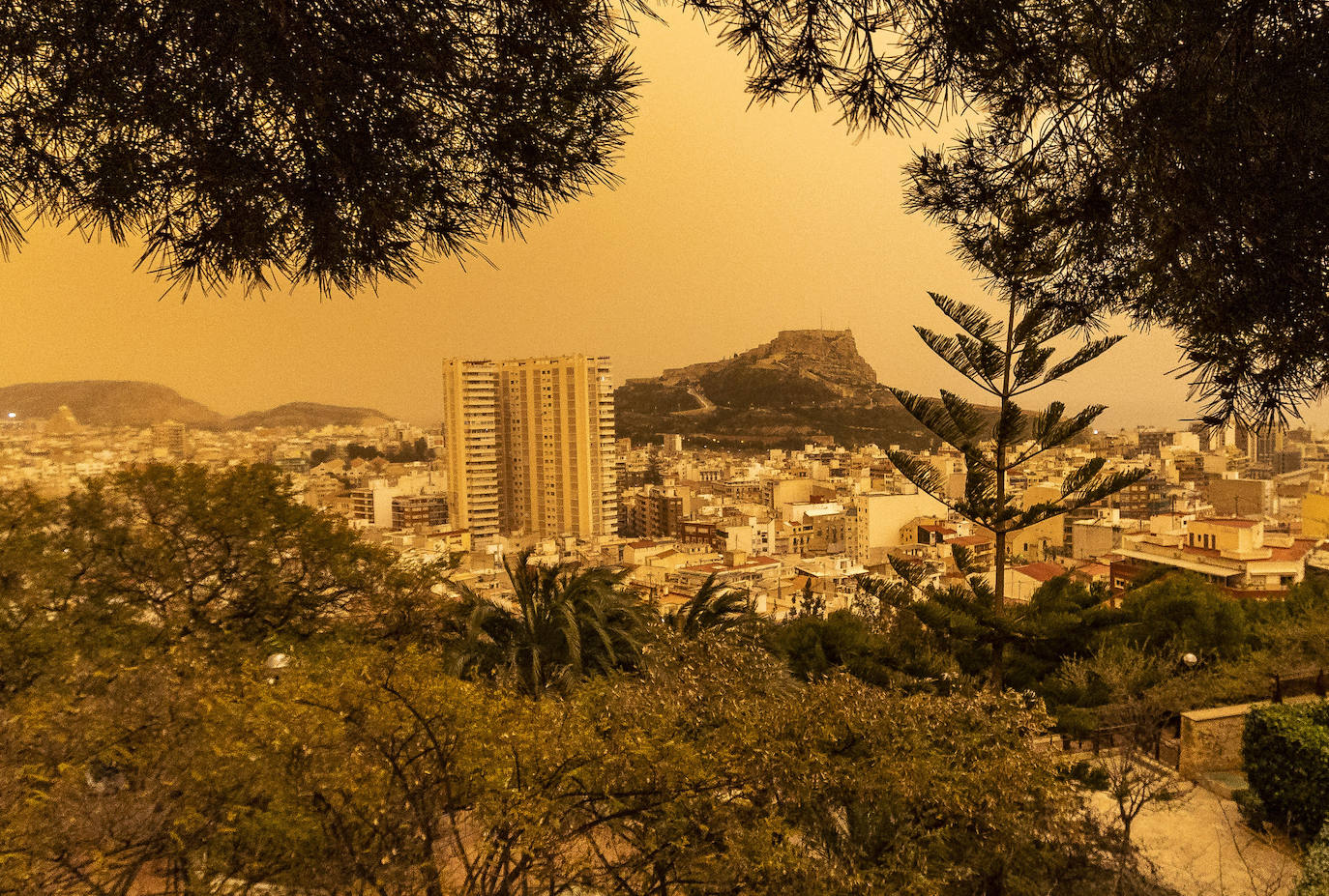 Vista de la ciudad de Alicante bajo la calima provocada por el polvo sahariano. 