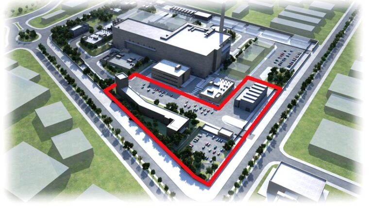 Simulación del acelerador en Escúzar. En rojo, los primeros edificios auxiliares que se construirán este año.