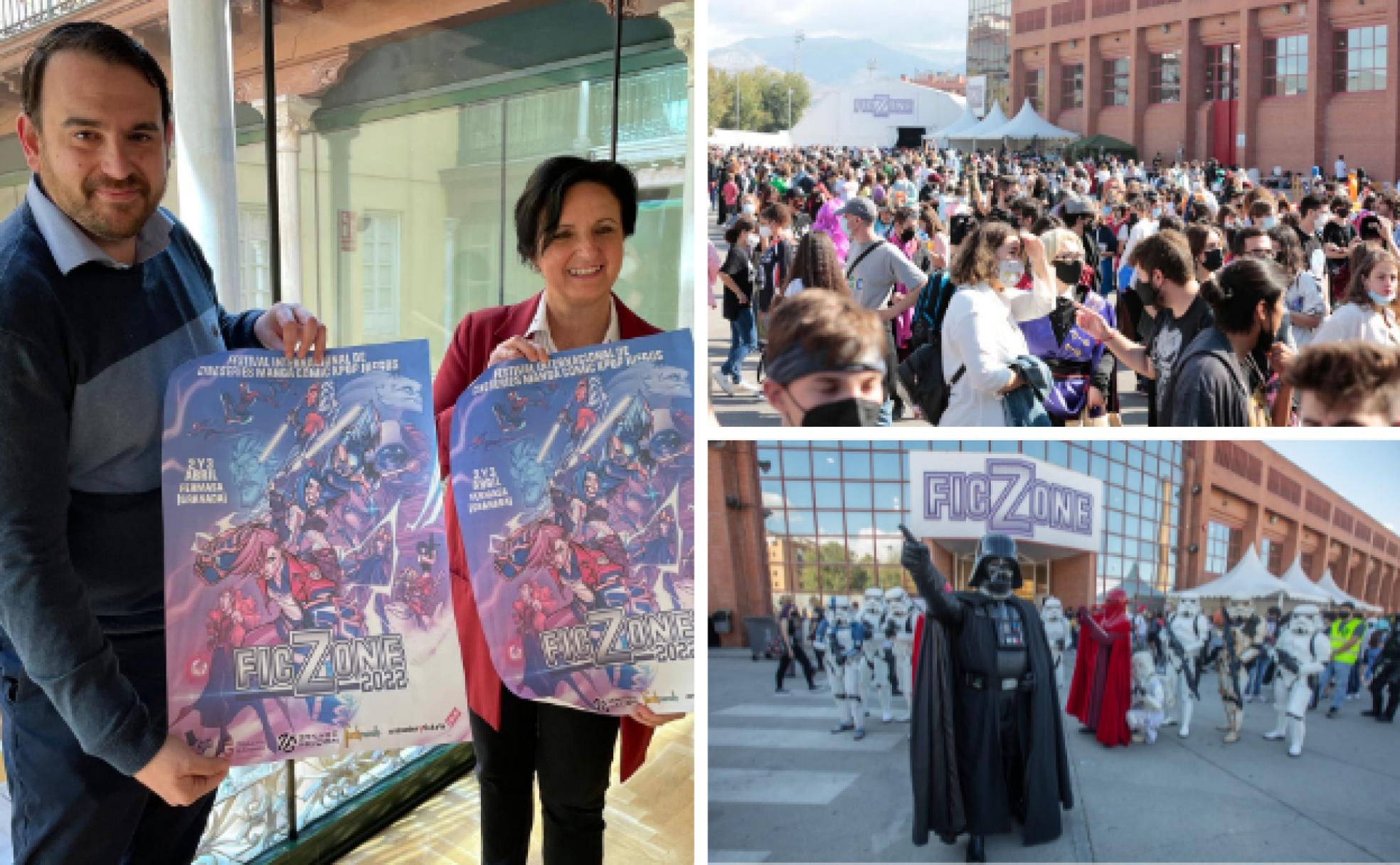 Ignacio Cabrero y Mercedes Garzón, durante la presentación de Ficzone 2022, e imágenes de la última edición, en octubre de 2021.
