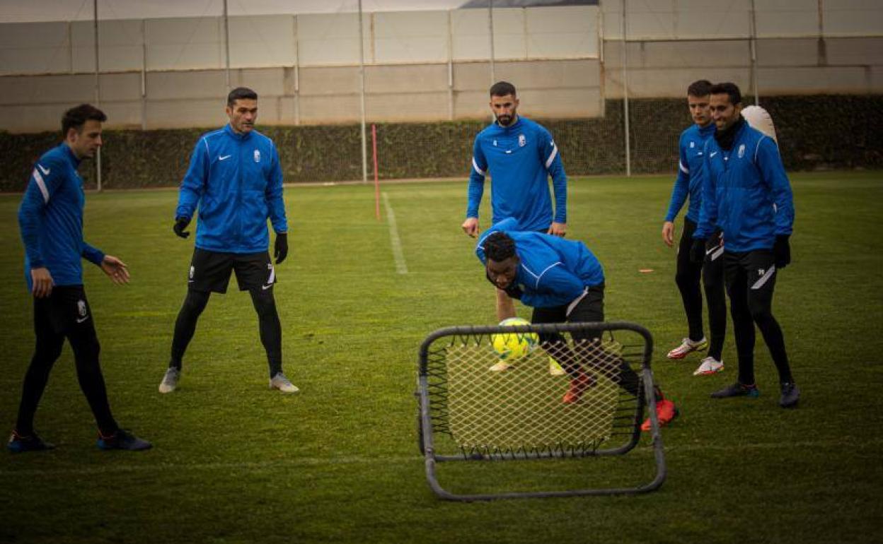 Los futbolistas del Granada se divierten en un entrenamiento reciente. 