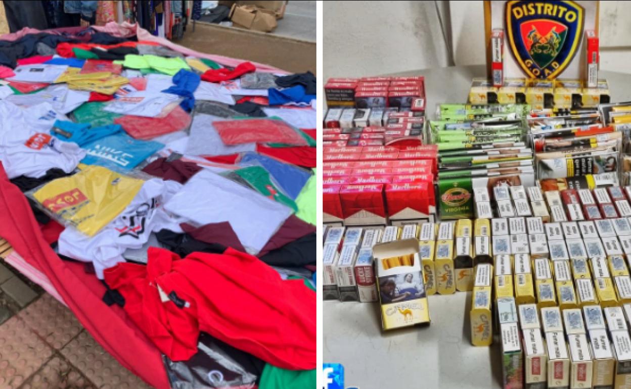 A la izquierda, ropa intervenida en el mercadillo. A la derecha, tabaco para su venta ilegal en un local.