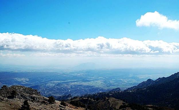 Imagen principal - Vistas desde el Cerro del Buitre, el refugio y pinos salgareños.