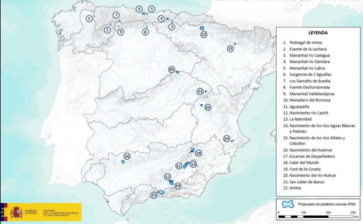 Plano de las 22 reservas naturales subterráneas que se proponen en el conjunto de España.