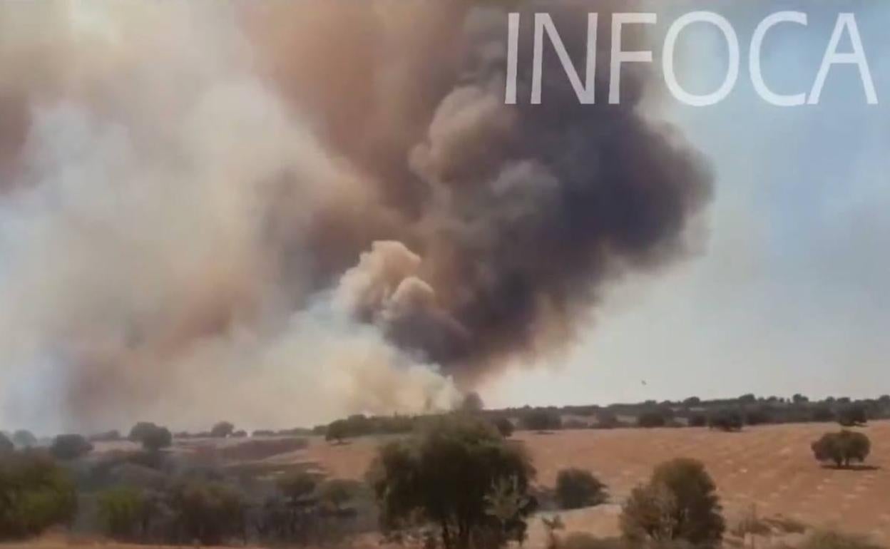 Imagen de la columna de humo del incendio de este viernes en Villarrodrigo visto desde la carretera. 