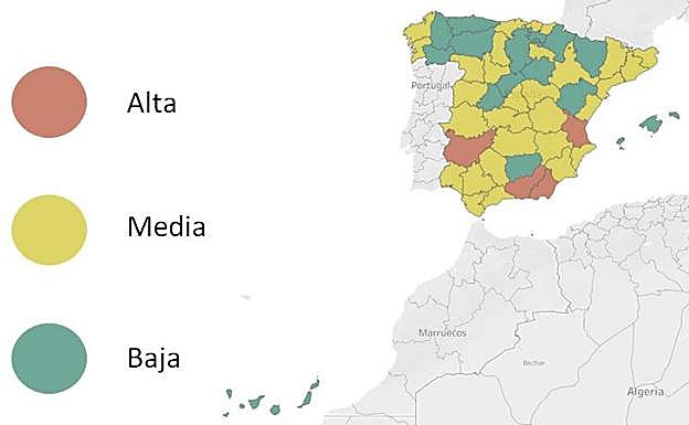 Mapa en que se aprecia la probabilidad de robo en viviendas en cadas provincia. 