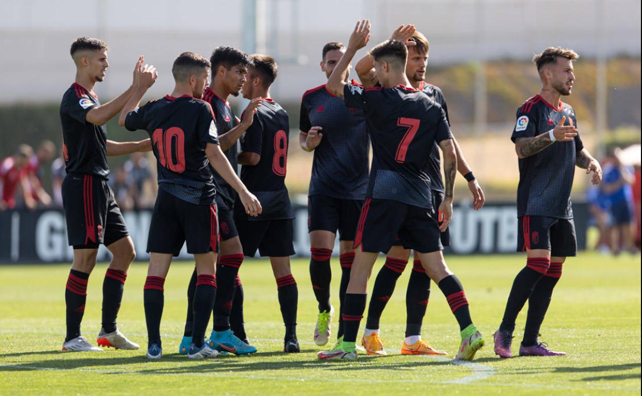 Los futbolistas del Granada celebran uno de los goles en el amistoso con el Linares. 