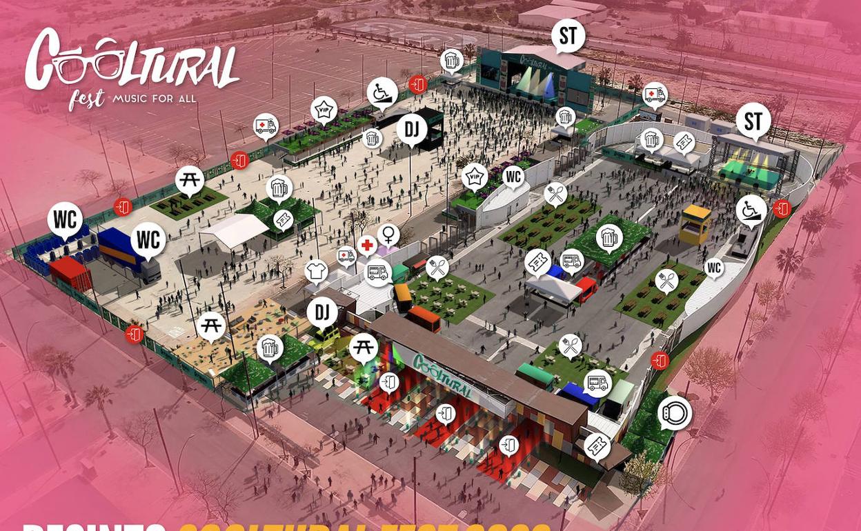 Mapa general del Cooltural Fest, con sus escenarios y zonas de servicios. 