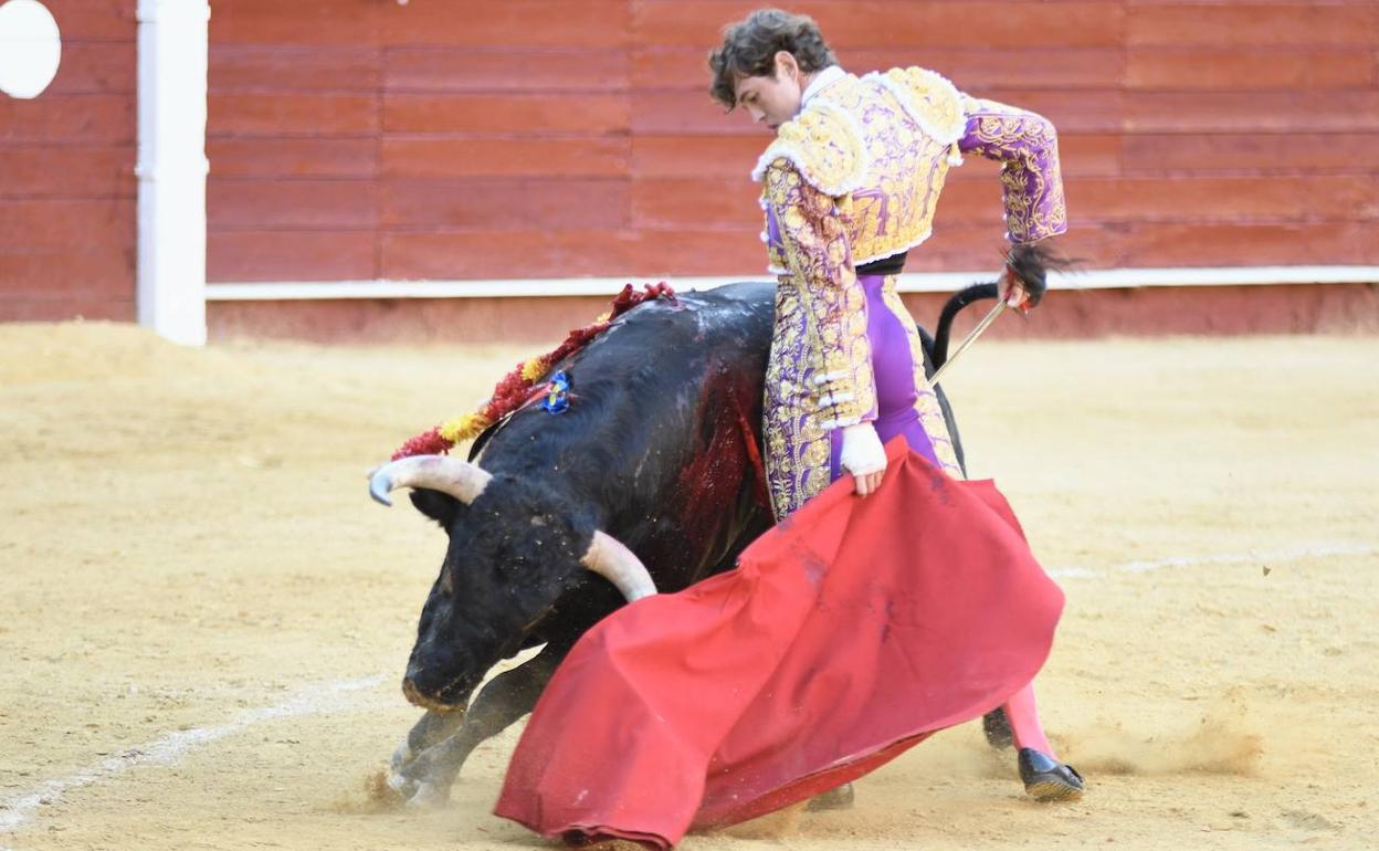 Poderoso muletazo con la izquierda de Jorge Martínez al novillo al que le cortó las dos orejas. 