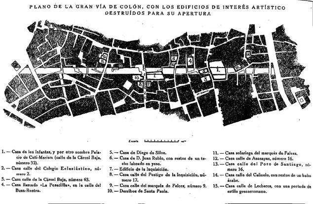 Plano de la Gran Vía con los edificios destruidos para la construcción.