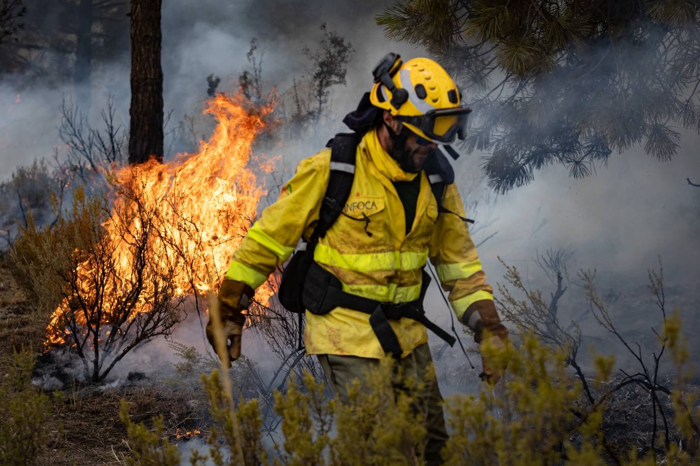 Operarios del Infoca trabajando contra el incendio.
