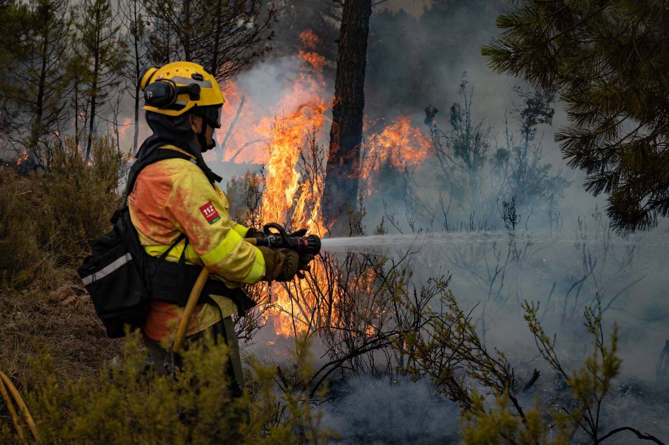 Operarios del Infoca trabajando contra el incendio.