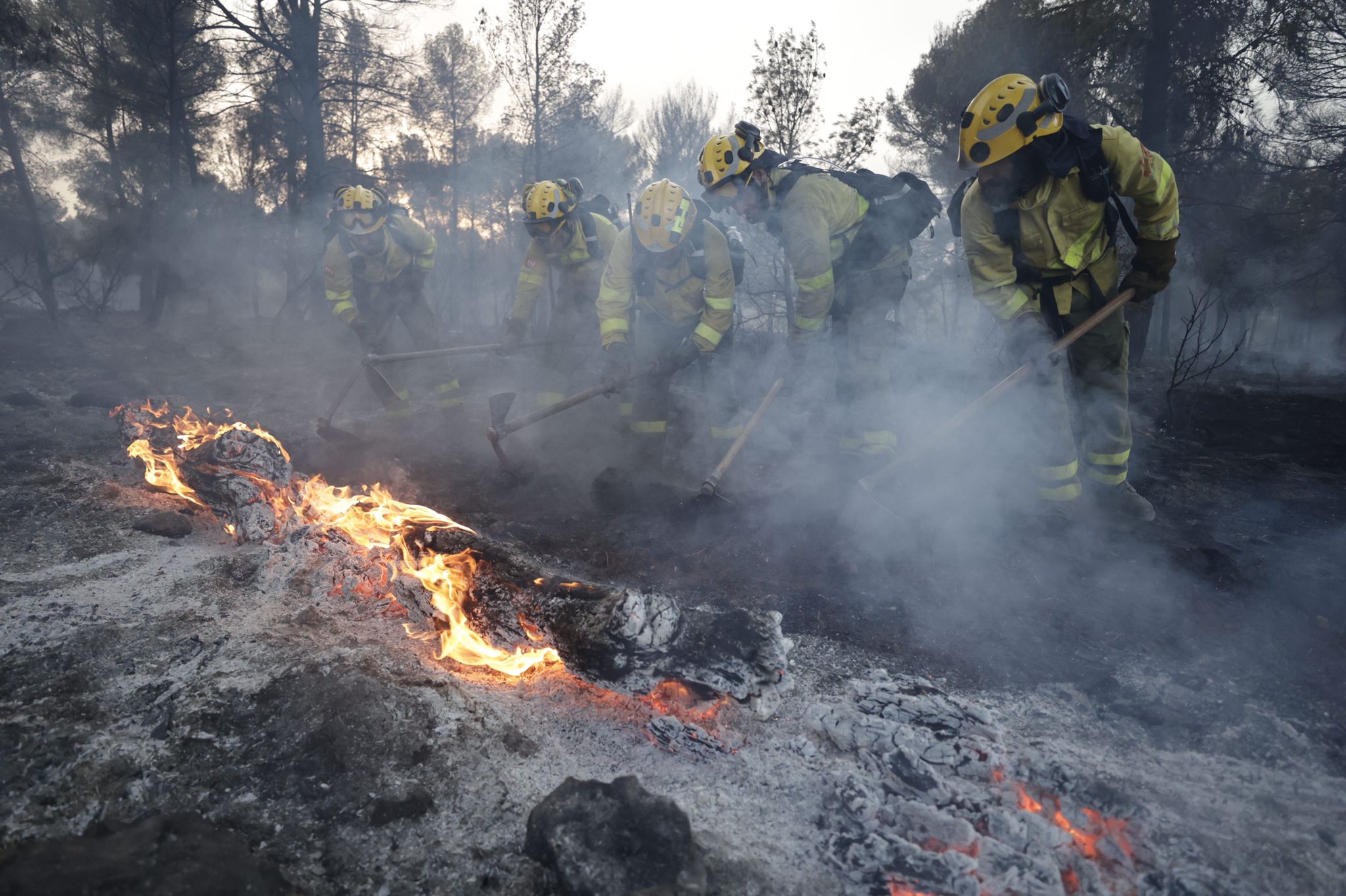 Bomberos terrestres y medios aéreos luchan contra el fuego.