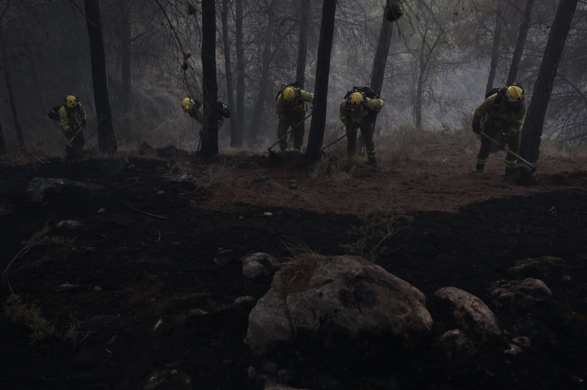 Bomberos terrestres y medios aéreos luchan contra el fuego.