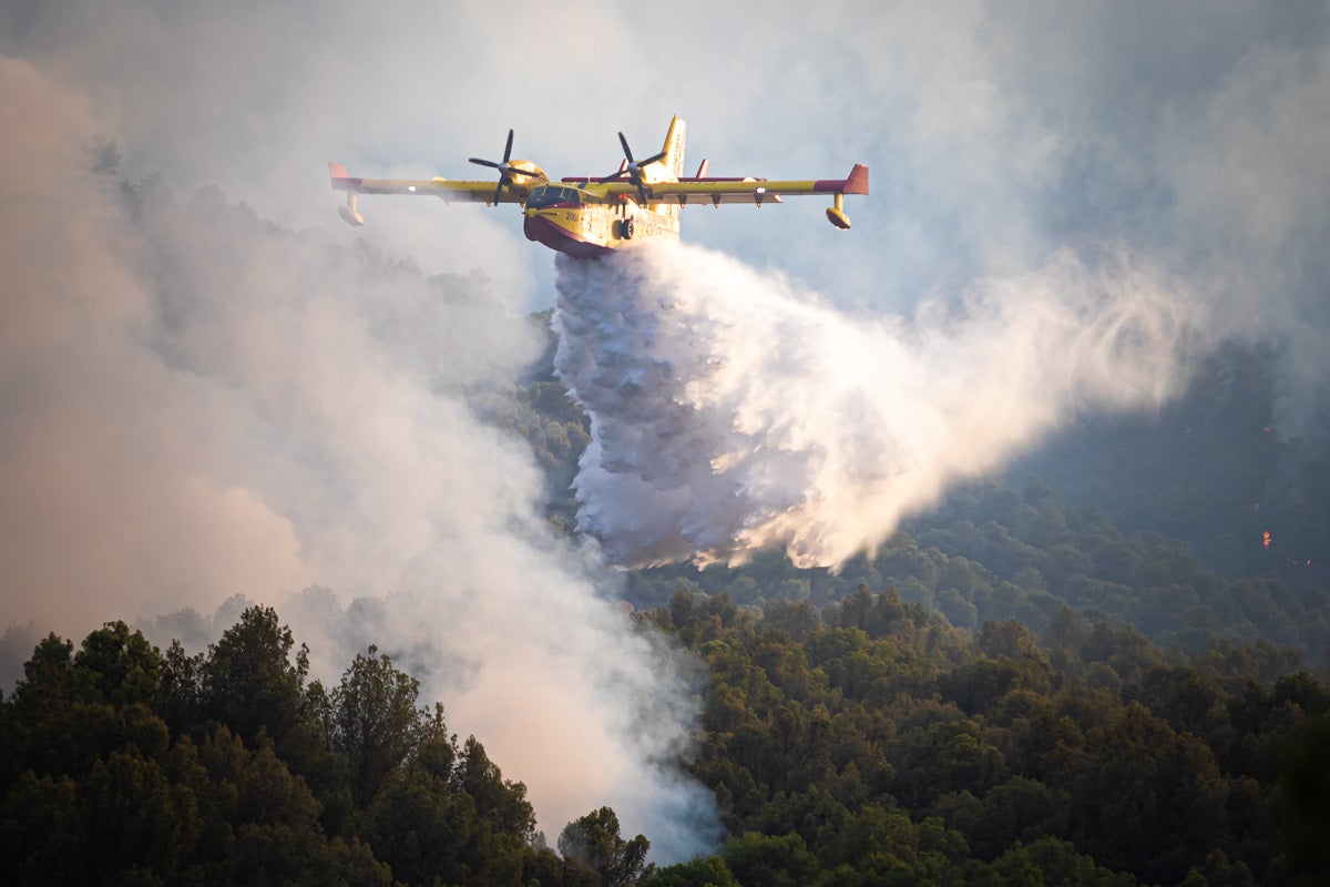 Bomberos terrestres y medios aéreos luchan contra el fuego.