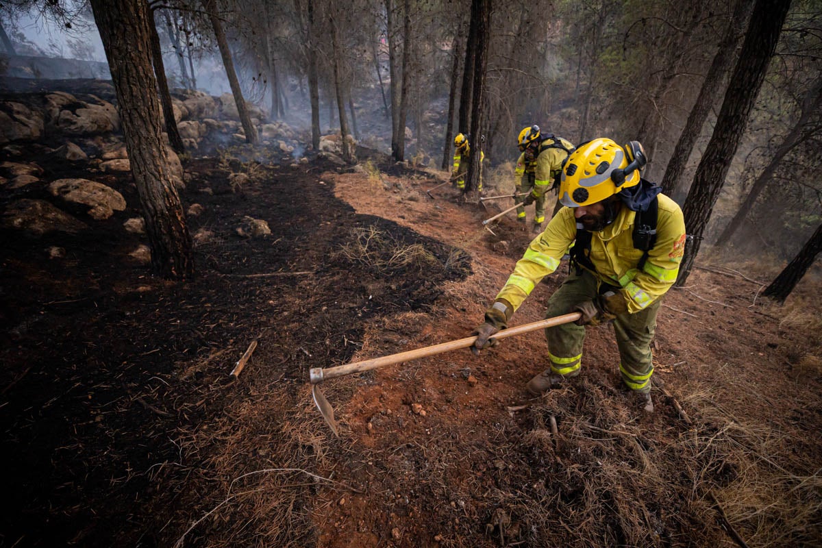 Bomberos terrestres y medios aéreos luchan contra el fuego.