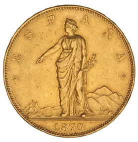 Moneda de 100 pesetas de 1870.