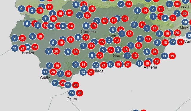 Temperaturas en Andalucía este domingo. 