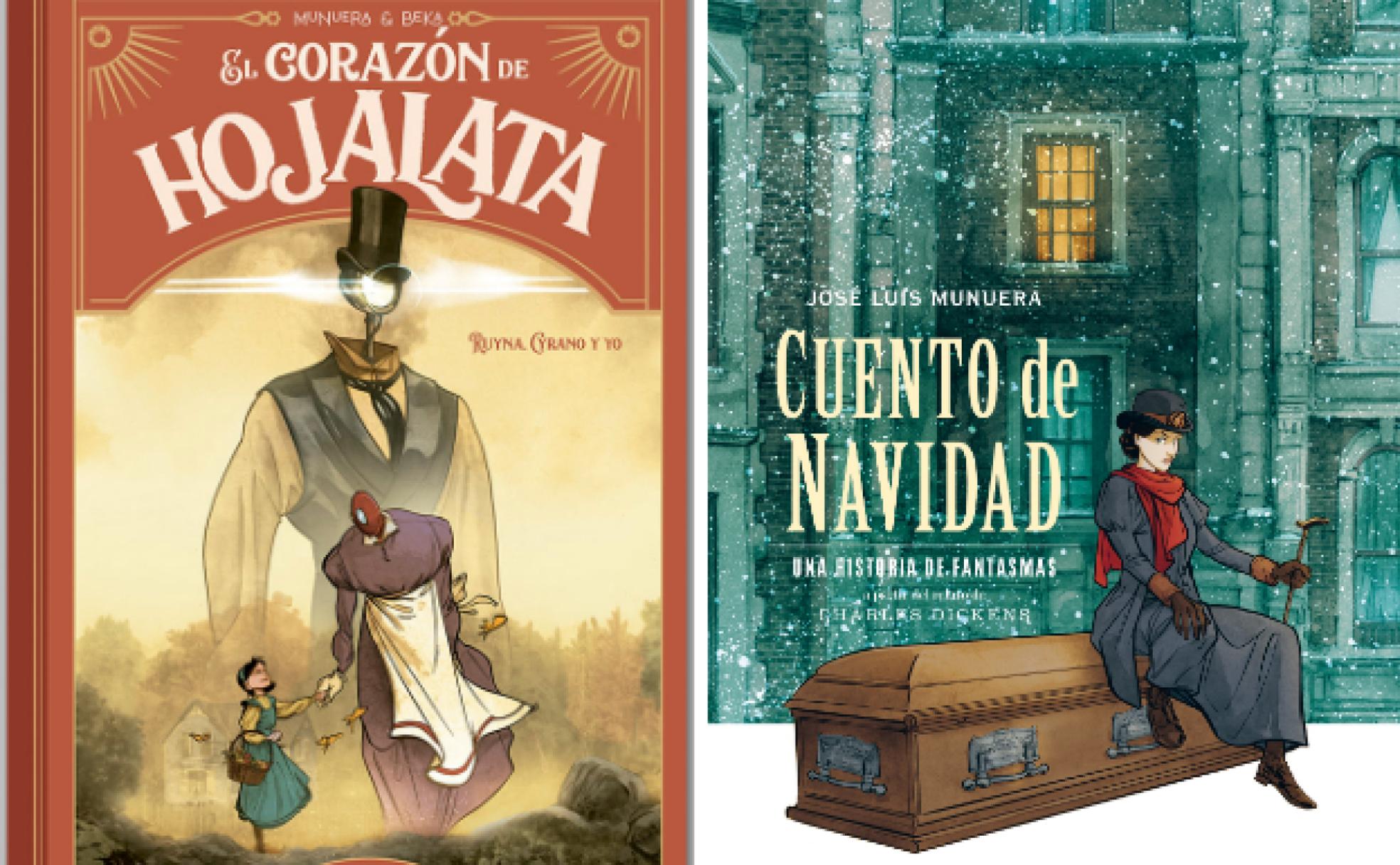 Portadas de 'El corazón de hojalata' y 'Cuento de Navidad', del granadino Munuera. 