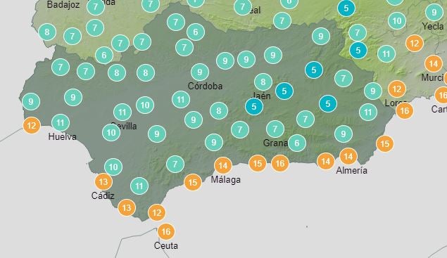 Temperaturas en Andalucía este lunes. 