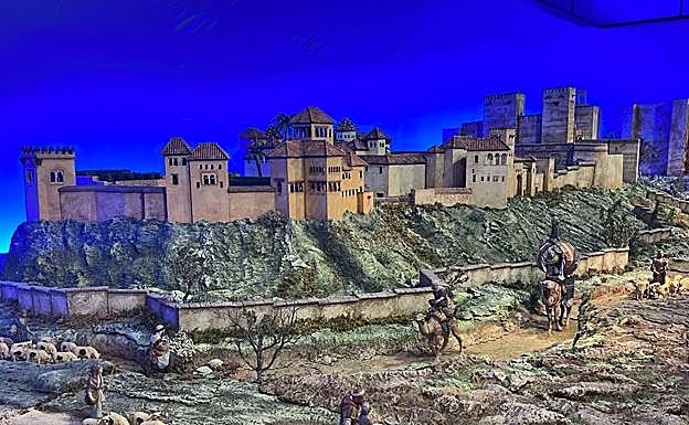 Imagen principal - Distintas escenas del belén en los alrededores de la Alhambra, el Mexuar y el Patio de la Acequia.