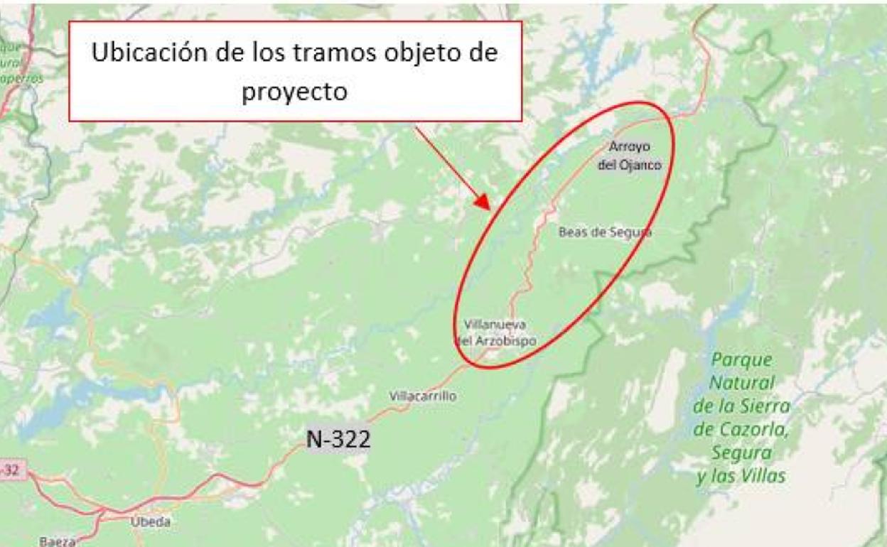 Mapa de los futuros tramos de la autovía Bailén-Albacete (A-32) para unir Jaén con el Levante. 
