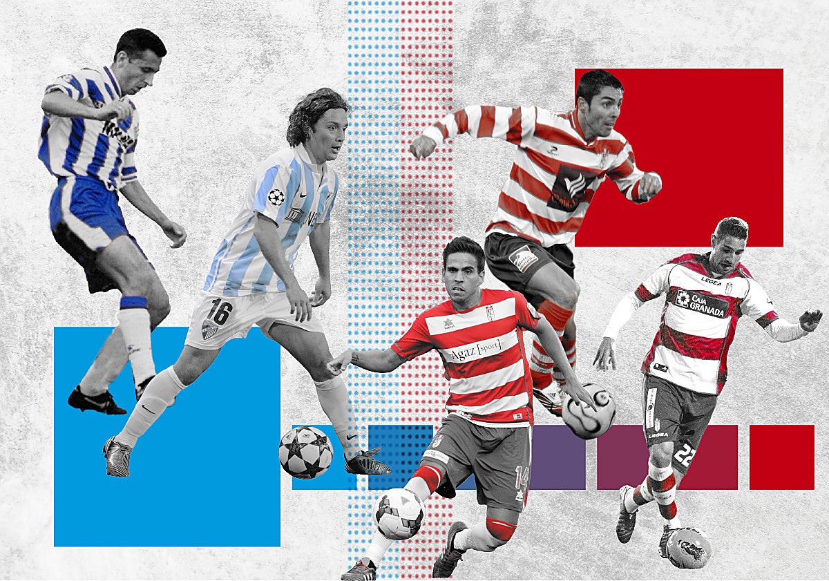 Cinco personajes en blanco, rojo y azul