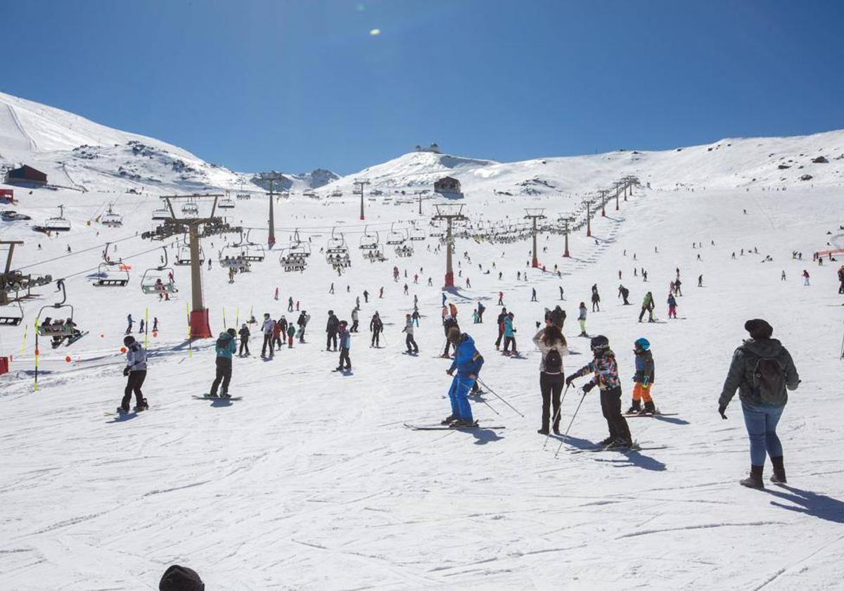 El área de Borreguiles estaba llena esquiadores que disfrutan de una jornada de sol y nieve.