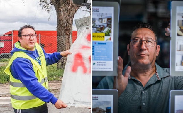 Ángel Llamas en las protestas de marzo de 2022, cuando era transportista y en la actualidad, en su negocio inmobiliario.