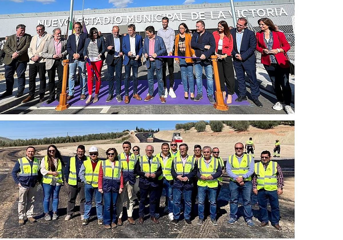 Arriba, inauguración de la reforma del estadio de fútbol de Jaén. Abajo, colocación del primer aglomerado asfáltico en el acceso de la A-44 a Geolit.
